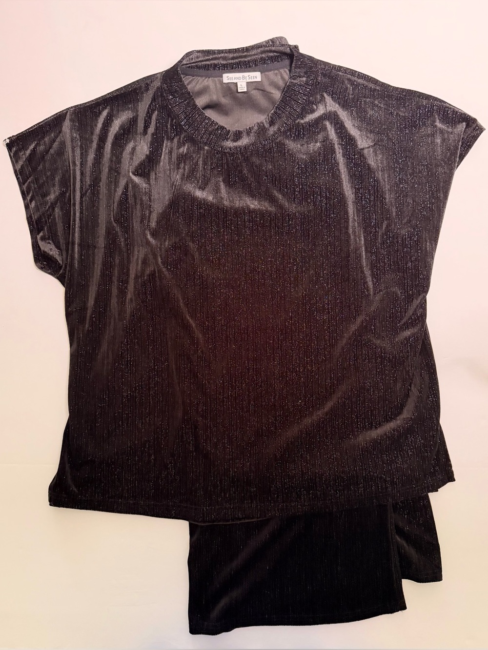 See and Be Seen Black Velvet/Velour Sparkle 2 Piece Top & Wide Leg Pants Set